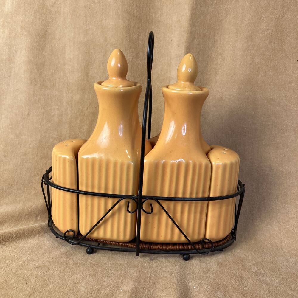 TEMPTATIONS‎ ORANGE CERAMIC OIL & VINEGAR CRUET SALT & PEPPER SHAKER CADDY SET